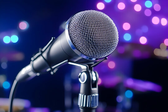 Stage microphone, concert setting, bokeh lights