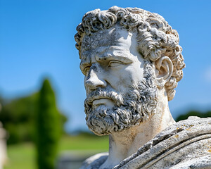 Obraz premium Stone bust, outdoors, sunny day, garden background