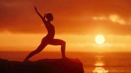 Silhouette of a person practicing yoga at sunset warrior pose fitness wellness meditation