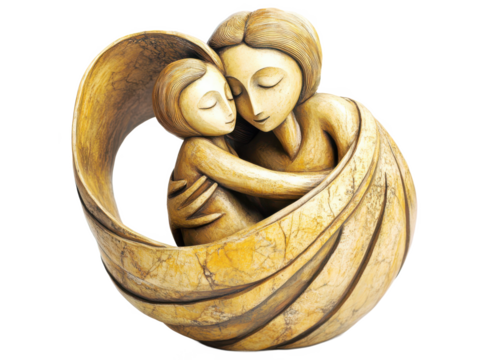 Mother and Child Embrace Abstract Wooden Sculpture, Warm Tones, Loving Figurine