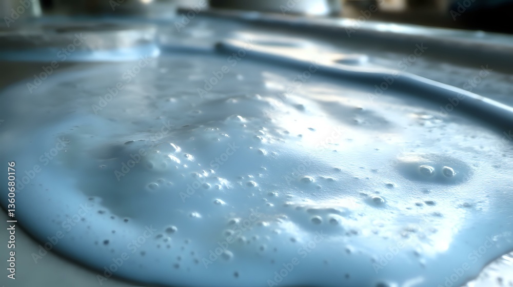 Poster macro shot of soap foam bubbles creating abstract texture with light blue tones and reflective surfa