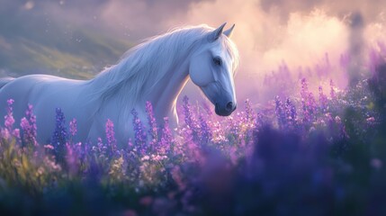 Naklejka premium Caballo blanco en flores moradas