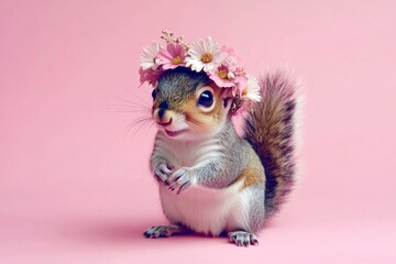 Obraz premium Cute baby animal squirrel wearing savage flower crown on its head - symbol of sunny warm season. Isolated pink background, copy space, digital ads concept artwork graphic design.