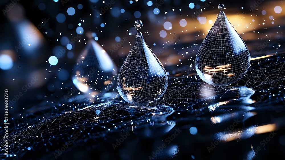 Poster water drops on dark reflective surface with bokeh lights and sparkles creating magical atmosphere. m