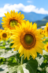 Obraz premium Sunflowers blooming in mountain field under blue sky