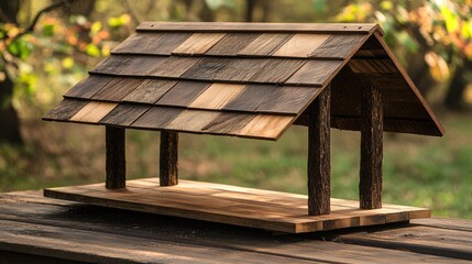 Naklejka premium Rustic Wooden Bird Feeder with Shingle Roof