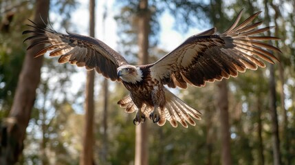 Obraz premium Águila volando en un bosque con árboles verdes
