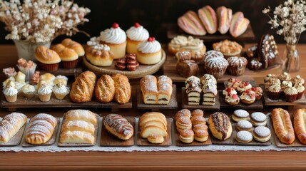 A delectable display of miniature baked goods, showcasing an array of breads, pastries, cakes, and cupcakes, meticulously arranged on wooden platters.