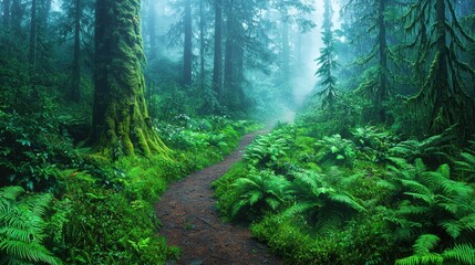 Obraz premium Enchanting Misty Forest Trail A Journey into Lush Greenery