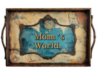 Vintage Decorative Tray Mom's World, Antique Map Design, Teal & Gold