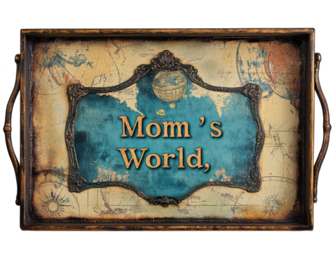 Vintage Decorative Tray Mom's World, Antique Map Design, Teal & Gold