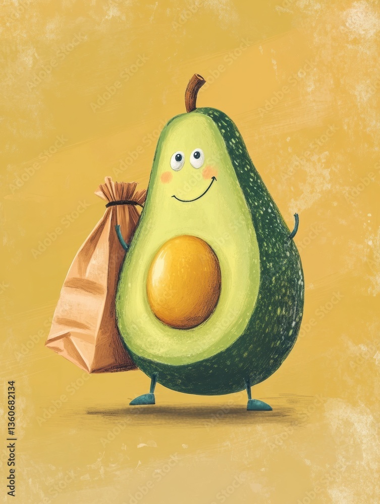 Poster humorous cartoon avocado with a big grocery bag in a playful pastel background enjoying a fun shoppi