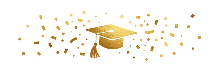 Golden graduation cap with tassel and scattered confetti on white background, symbolizing achievement and celebration.