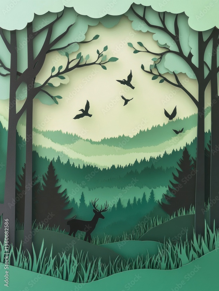 Poster beautiful layered paper cut forest with deer and birds surrounded by soft green tones and depth effe