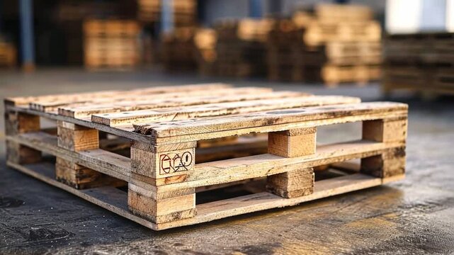 This setting showcases a wooden pallet prominently placed on a concrete floor of an industrial warehouse, surrounded by additional pallets, creating an organized workspace
