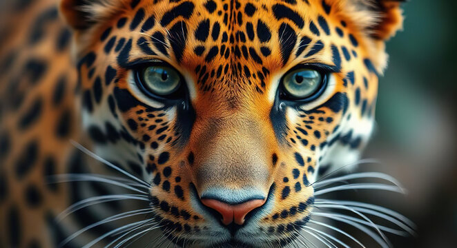 Color portrait of a leopard, with a challenging look