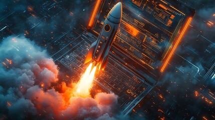 Naklejka premium Rocket Launching from Laptop Screen in Digital World, A rocket launching from a laptop screen, symbolizing technology and innovation