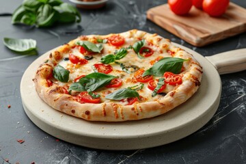 Freshly baked margherita pizza topped with basil and cherry tomatoes on a stone serving board in a modern kitchen