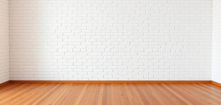 Fototapeta Clean white brick wall backdrop with warm wood floor, surface, bright, architecture