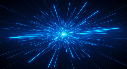 Fototapeta premium Warp speed light trails, abstract acceleration toward bright future in deep universe, cosmic burst background design with creative technology for presentation