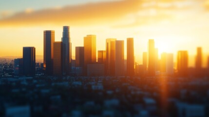 Fototapeta premium Sunset over Los Angeles skyline with blurred cityscape, capturing vibrant color and urban life