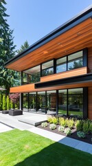 Fototapeta premium Modern home facade with clear windows, grass lawn, and trees outside on a sunny day