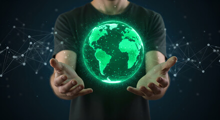 Man presenting digital glowing Earth planet hologram, showcasing interconnected systems, virtual reality, global network, with technological elements for technology concept.