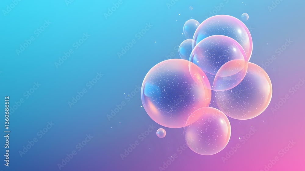 Poster translucent soap bubbles floating on gradient blue and pink background with soft bokeh effect and de