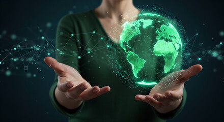 Woman holding illuminated globe with connections in hands, global network concept for business, technology network with green colors, for presentation