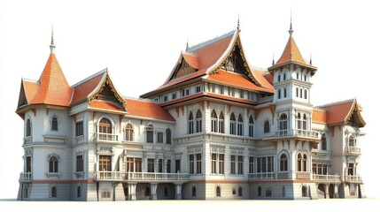 Fototapeta premium Architectural Thai-style mansion, isolated on white, 3D render, for print or online use