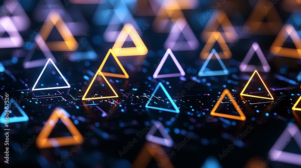 Aufkleber Glowing neon triangles floating on dark background with bokeh effect create futuristic geometric pattern for technology and digital design concepts.