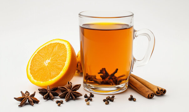 Zimowa rozgrzewając herbata z dodatkami na białym tle