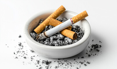 Papierosy zgaszone w popielniczce na białym tle