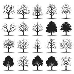 Obraz premium A collection of stylized tree silhouettes, showcasing both leafed and leafless variations.
