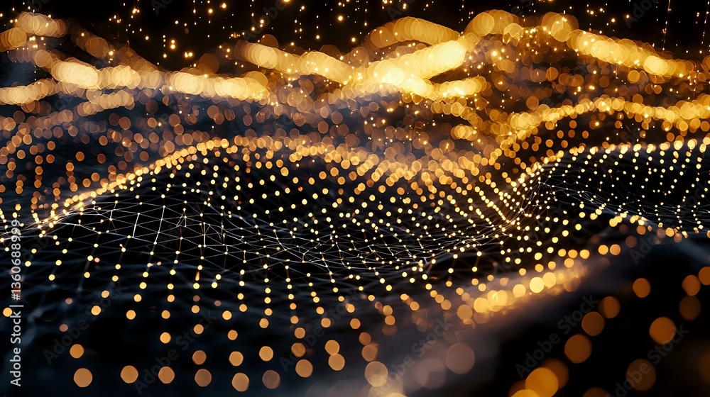 Aufkleber Abstract golden light waves with glowing particles and bokeh effect creating dynamic flowing network pattern against dark background.
