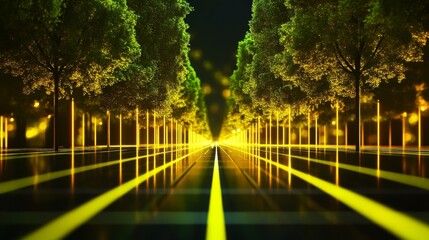 Illuminated pathway lined with trees, showcasing vibrant light and a serene atmosphere