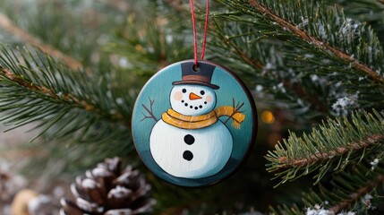 Hand-painted Snowman Christmas Ornament Hanging on a Pine Tree Branch