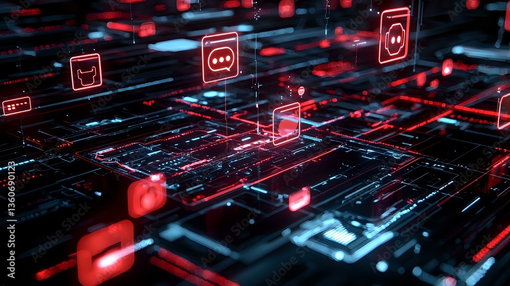 Poster futuristic digital network with glowing red icons and circuit paths on dark background illustrates m