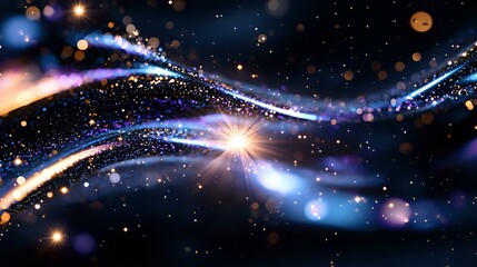 Obraz premium Magical cosmic waves with glowing light trails and sparkles against dark space background, featuring luminous blue and orange energy streams flowing through stars.