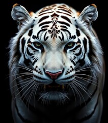 Fototapeta premium Striking white tiger, intense gaze, black background, nature, portrait