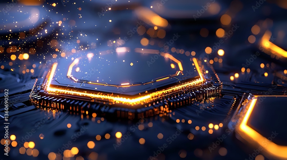 Poster glowing microprocessor on circuit board with orange light effects and bokeh particles, modern techno