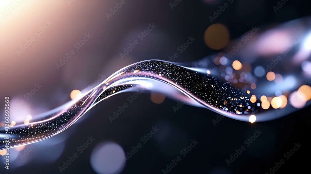 Poster glowing curved lines with sparkles and bokeh effects on dark background create magical atmosphere. a