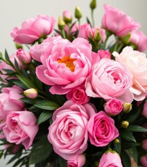 Fototapeta premium Vibrant pink peonies and roses, lush bouquet, ample copy space, summer, roses and peonies