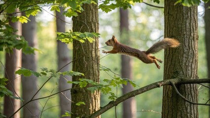 a red squirrel gracefully leaping through a sun-dappled forest, captured in mid-air © Marvin