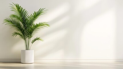 Lush green potted palm plant against a minimalist white wall, casting soft shadows indoors