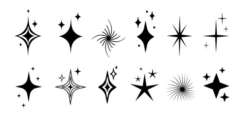 Set of vector sparkles. Sparkling stars, glitters, sparkles,  luminaries and rays. Abstract icons for print, design patterns. Geometric figures symbols of glitter.