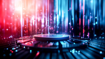 Illuminated stage with vibrant lighting creates a captivating atmosphere. Perfect for presentations, displays, and product launches.