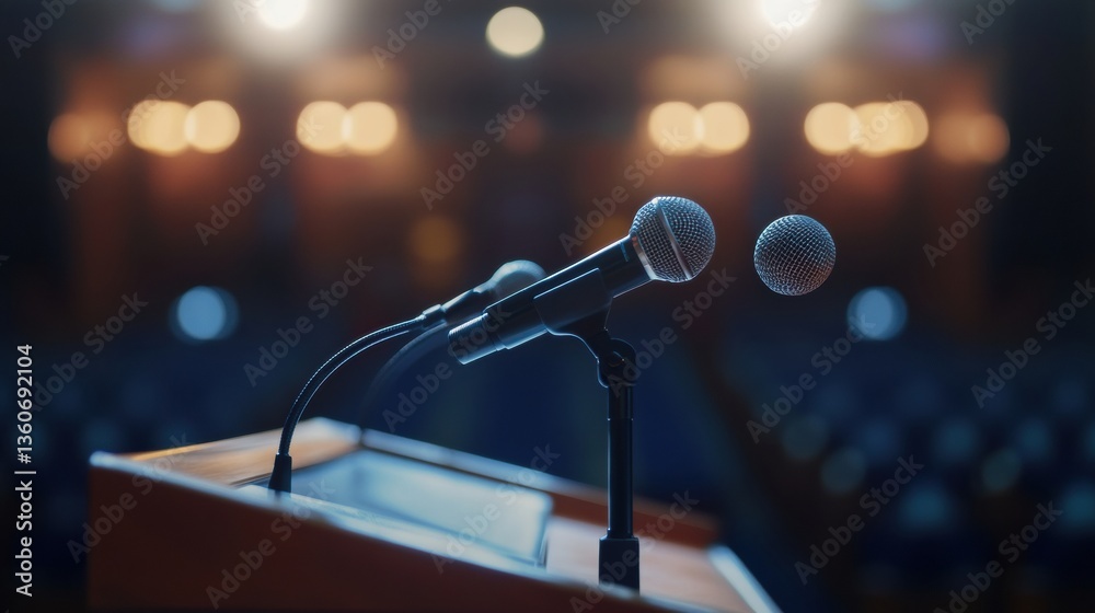 Poster Modern political podium with multiple microphones in a professional setting and an engaged audience in the background Generative AI