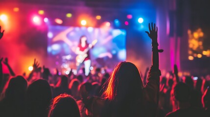 Energetic crowd at a vibrant concert, woman's raised hand in the foreground.