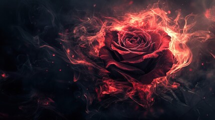 Fiery rose in smoke-filled dark background